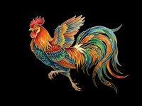 Colorful rooster with vibrant red, orange, and teal plumage isolated on transparent background. Ready for t-shirts, clipart, stickers, and print-on-demand designs.