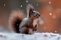 Cute red squirrel sitting in snow with falling snowflakes on blurred winter background for wildlife and seasonal nature photography projects.