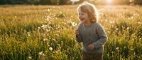 Blonde toddler girl in gray sweater standing in dandelion field at golden hour sunset, picking flowers in meadow for spring and summer lifestyle photography.