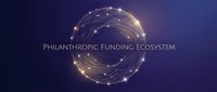 Glowing interconnected network sphere with golden light particles on deep blue background representing global philanthropic funding ecosystem and charitable giving connections.