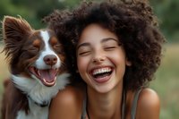 Young African American woman with natural afro hair laughing joyfully next to happy brown and white Border Collie dog outdoors, expressing pure happiness and friendship.