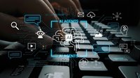 Business professional using AI agents technology interface with digital icons and automation symbols for modern workplace productivity solutions.