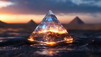 Glowing crystal pyramid with magical energy and light effects against dramatic sunset sky and mountain silhouettes. Mystical abstract concept for spiritual designs.