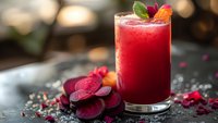 Fresh beetroot juice in glass with raw beet slices and mint garnish on rustic wooden table. Healthy detox drink for wellness and nutrition lifestyle.