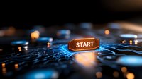 Glowing start button on digital circuit board with blue light effects, representing technology initialization or beginning of digital journey.