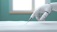 Robotic surgical arm with precision instrument performing minimally invasive procedure against blurred hospital background, demonstrating advanced medical technology.