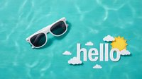 White sunglasses and paper cut hello sign with sun and clouds on turquoise water texture background, summer vacation concept.