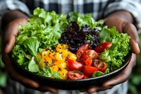 Fresh colorful salad bowl with mixed greens, cherry tomatoes and vegetables held in hands for healthy eating and nutrition concept.