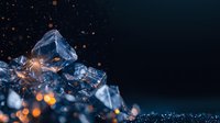 Macro shot of translucent ice crystals with glowing orange bokeh lights against dark background, creating dramatic contrast and ethereal atmosphere for winter designs.