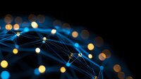 Glowing network connections with blue light trails and golden bokeh effects on black background, representing digital technology and connectivity.