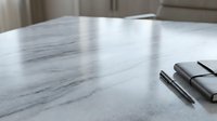 Modern white marble kitchen countertop with natural veining and stainless steel pen placed on surface in contemporary home interior design setting.