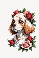 Artistic portrait of a Cavalier King Charles Spaniel with red and pink roses, perfect for pet lovers merchandise, tattoo designs and decorative prints on white background.