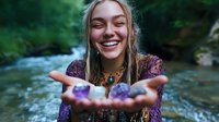 Young woman with joyful expression holding purple crystals near flowing stream, wearing boho style dress, natural outdoor setting with blurred waterfall background.