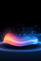 Glowing abstract wave form with orange to blue gradient floating in dark space, surrounded by bokeh light effects and magical particles.
