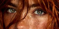 Close-up portrait of young Caucasian woman with striking green eyes, freckled skin and flowing red hair. Natural beauty concept for skincare and cosmetics.
