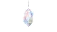 Pastel multicolored crystal pendant with chain on white background, isolated gemstone for jewelry design, spiritual healing, wellness graphics, and decorative artwork projects.