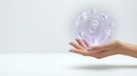 Hand holding holographic digital network sphere with connected nodes and glowing purple light effects representing cloud computing and data connectivity.