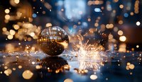 Crystal ball reflects festive lights while sparkler creates magical glow on wet surface, bokeh lights create dreamy atmosphere for holiday celebrations.