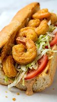 Crispy fried shrimp po boy sandwich with lettuce and tomato on crusty bread roll served on white plate for seafood restaurant menu or food blog content.