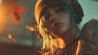Young woman with headphones and beanie in atmospheric golden light, creating moody portrait with warm tones and soft focus for music or lifestyle content.
