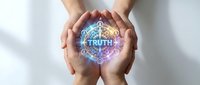 Protective hands surrounding glowing truth symbol with digital network connections representing transparency, honesty and authentic communication in business.