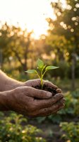 Weathered hands cupping a young green seedling with soil in a sunlit garden, symbolizing growth, sustainability, and environmental care.