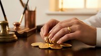Young woman with medium skin tone wearing gold wedding band arranging golden coins on wooden surface, symbolizing wealth management and financial planning for marriage and savings goals.