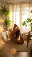 Woman with long dark hair, South Asian ethnicity, practicing yoga in a sunlit bedroom surrounded by potted plants and natural light filtering through sheer curtains, wellness and mindfulness concept.