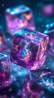 Cosmic galaxy ice cubes with purple and blue nebula patterns floating in space with glowing stars and magical lighting effects for fantasy designs.