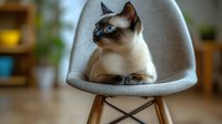 Siamese cat with blue eyes resting gracefully on modern gray chair, looking up with alert expression against soft blurred interior background. Perfect for pet care and home decor.