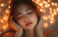 Young Asian woman with closed eyes and serene expression against warm bokeh lights background, creating dreamy atmospheric portrait with soft orange glow.