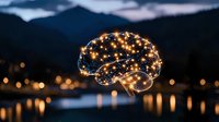 Glowing brain shape with sparkly lights floating over tranquil lake at dusk, mountains in background. Concept of mind, consciousness and artificial intelligence.
