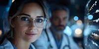 Female scientist with glasses examining laboratory equipment while male colleague works in background with bokeh lighting effects.
