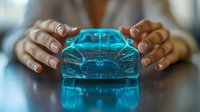Glowing holographic car model floating between hands showcasing futuristic automotive technology and digital transformation in vehicle design and manufacturing.
