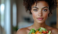 Young African American woman with natural curly hair holding fresh colorful salad bowl, healthy eating lifestyle concept, soft natural lighting.