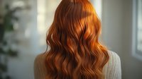 Back view of woman with long wavy copper red hair wearing knitted sweater in soft natural light. Perfect for beauty and hair care advertising.