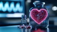 Glowing pink heart shape made of particles trapped in glass jar next to medicine bottle and pills on blue surface with digital waves background.