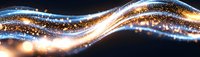 Glowing wave of light particles flowing on dark background with sparkling bokeh effect and luminous curved trail creating magical atmosphere.