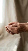 Elderly person's wrinkled hands folded together in a gesture of prayer, meditation, or contemplation, wearing neutral beige clothing against soft natural light background.