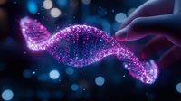 Glowing purple DNA helix structure with sparkles and particles floating in dark blue space, finger touching genetic code strand. Scientific medical concept.