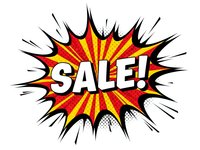 Comic book style explosion burst with SALE text in bold letters. Pop art promotional banner with radiating lines and halftone dots on white background.