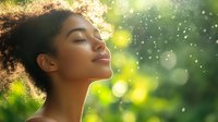 Young African American woman with curly hair enjoying peaceful moment in nature, eyes closed with serene expression against sunlit green bokeh background.