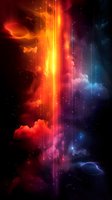 Abstract cosmic background with vibrant orange and blue nebula clouds, glowing light streams, and starry space elements creating dramatic celestial atmosphere.