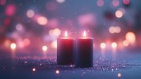 Glowing red candles with romantic bokeh lights in soft purple and pink background, creating magical holiday atmosphere and festive mood.