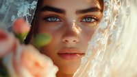 Young Mediterranean woman with intense green eyes and defined eyebrows in soft natural lighting with blurred peach flowers creating dreamy romantic atmosphere.