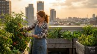 Caucasian woman in her thirties wearing denim apron and plaid shirt harvesting ripe tomatoes from rooftop garden with urban skyline backdrop at golden hour.