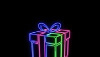 Neon gift box with glowing ribbon on black background for holiday celebrations, birthdays, special occasions and festive marketing designs.