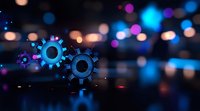 Glowing blue gear wheels on dark background with colorful bokeh lights creating futuristic technology concept for business automation and digital transformation.