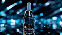Luxury glass dropper bottle with blue bokeh lights reflecting on water surface, cosmetic serum packaging on dark background with ripple effect.