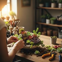 Woman arranging colorful succulent plants in decorative bowl on wooden table in bright home interior with gardening tools and potted plants.